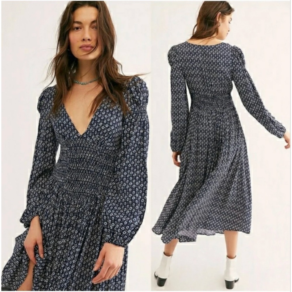 Free People Indigo Child Midi Dress Women S Navy Blue Floral Smocked Waist Boho - Picture 1 of 8